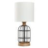 Black Metal Cage Table Lamp with Wood Accents and Drum Shade, 17"