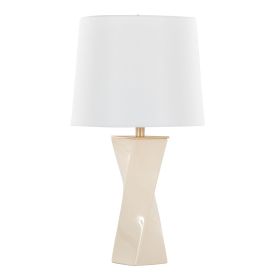 Curvo Square Contemporary 27" Ceramic Table Lamp in Cream Ceramic, Gold Metal, and White Linen by