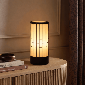 Japanese Style Floor Lamp, Cylindrical Table Floor Lamp with Fabric Shade, Warm Ambient LED Lamp for Living Room, Bedroom, Reading Nook