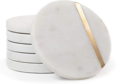 Marble Coasters Set of 6 - Luxury Aesthetic Modern Decor for Coffee Table- White Marble with Gold Brass Inlay - Real Natural Semi Absorbent Stone