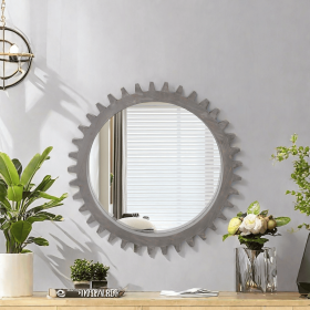 Vintage 26'' x 26'' Wall Wood Round Hanging Gear Shape Heavy Decorative Mirror For Bathroom Living Room Entryway Or Put Together To Your Liking(A