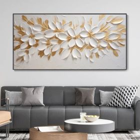 Handmade Oil Painting Gold Foil Flower Knife Canvas Painting Abstract Blooming White Floral Modern Light Luxury Texture Art Premium Home Wall Dec (Style: 01, size: 70x140cm)