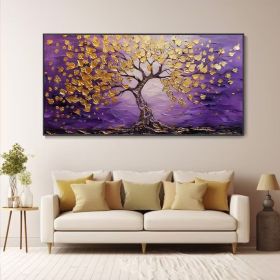 Purple Background Gold Leaf Tree Oil Painting Abstract Textured Original Artwork Living Room Wall Decor Studio Fine Decor Housewarming Gift (Style: 01, size: 120x240cm)