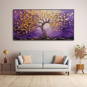 Purple Background Gold Leaf Tree Oil Painting Abstract Textured Original Artwork Living Room Wall Decor Studio Fine Decor Housewarming Gift (Style: 01, size: 80x160cm)