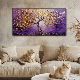 Purple Background Gold Leaf Tree Oil Painting Abstract Textured Original Artwork Living Room Wall Decor Studio Fine Decor Housewarming Gift (Style: 01, size: 60x120cm)