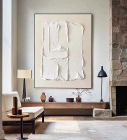 Beige White Minimalist Wall Art Beige 3D Plaster Painting Modern Texture Wall Art Beige Minimalist Oli Painting Large White Texture Hand Painting (Style: 01, size: 140x210cm)