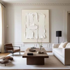 Beige White Minimalist Wall Art Beige 3D Plaster Painting Modern Texture Wall Art Beige Minimalist Oli Painting Large White Texture Hand Painting (Style: 01, size: 90x130cm)