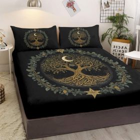 3pcs Tree Of Life Minimalist Comfort Series Bed Fitted Sheet And Two Pillowcases Bedding For All Seasons Use (Color: Black, size: Queen)