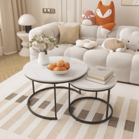 Nesting Coffee Table Set of 2, 27.6inch Round Coffee Table Industrial Wood Finish with Sturdy Metal Frame (Material: Wood+Metal, Color: White)